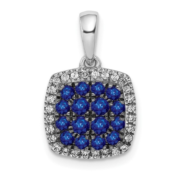 14k White Gold Diamond and Sapphire Square Halo Necklace Charm Pendant